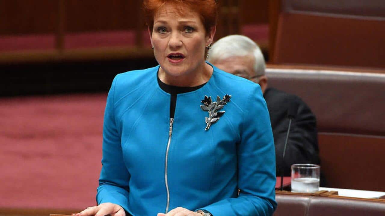 One Nation leader Senator Pauline Hanson makes her maiden speech in the Senate at Parliament House in Canberra, Wednesday, Sept. 14, 2016. (AAP Image/Mick Tsikas) NO ARCHIVING