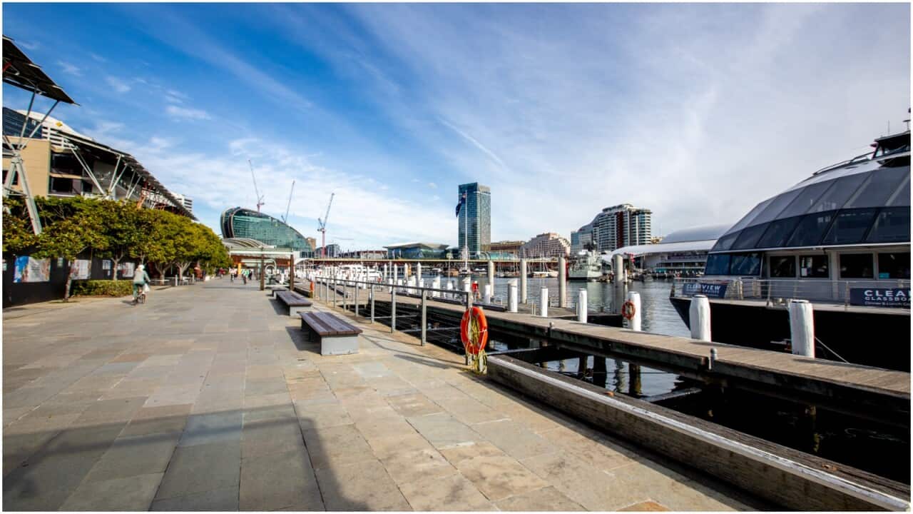 Deserted Darling Harbour area in Sydney due to NSW Lockdown