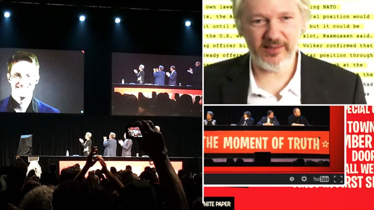 Edward Snowden and Julian Assange appearing by videolink at Kim Dotcom's 'Moment of Truth' event.