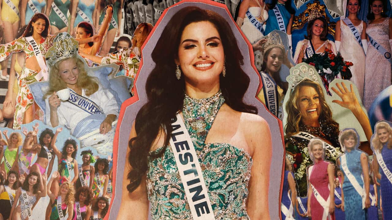 In the center of this image is a smiling brunette woman wearing a 'Palestine' sash. Behind her is a collage of beauty pageants images from across the decadess.