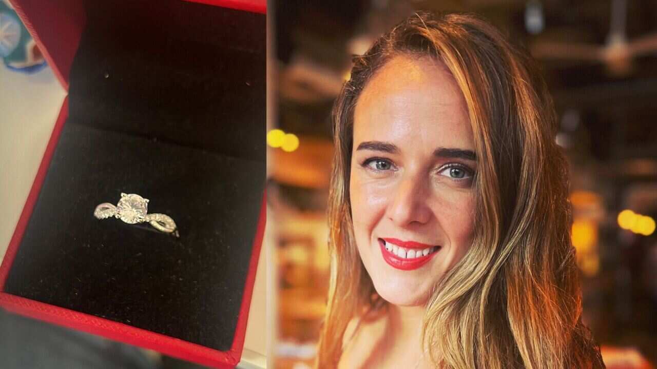 Composite image of a woman and a box containing a diamond ring