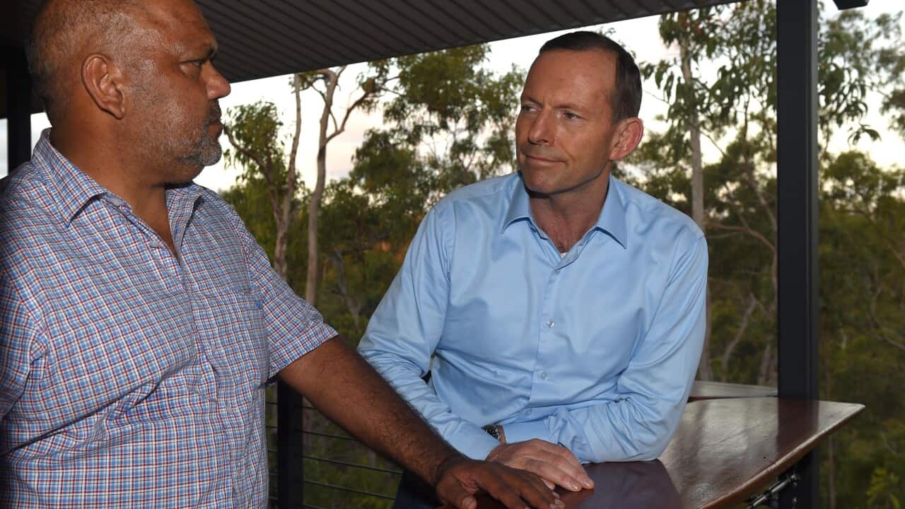 Prime Minister Tony Abbott and Noel Pearson at the Garma site on the Gove Peninsula, Northern Territory.