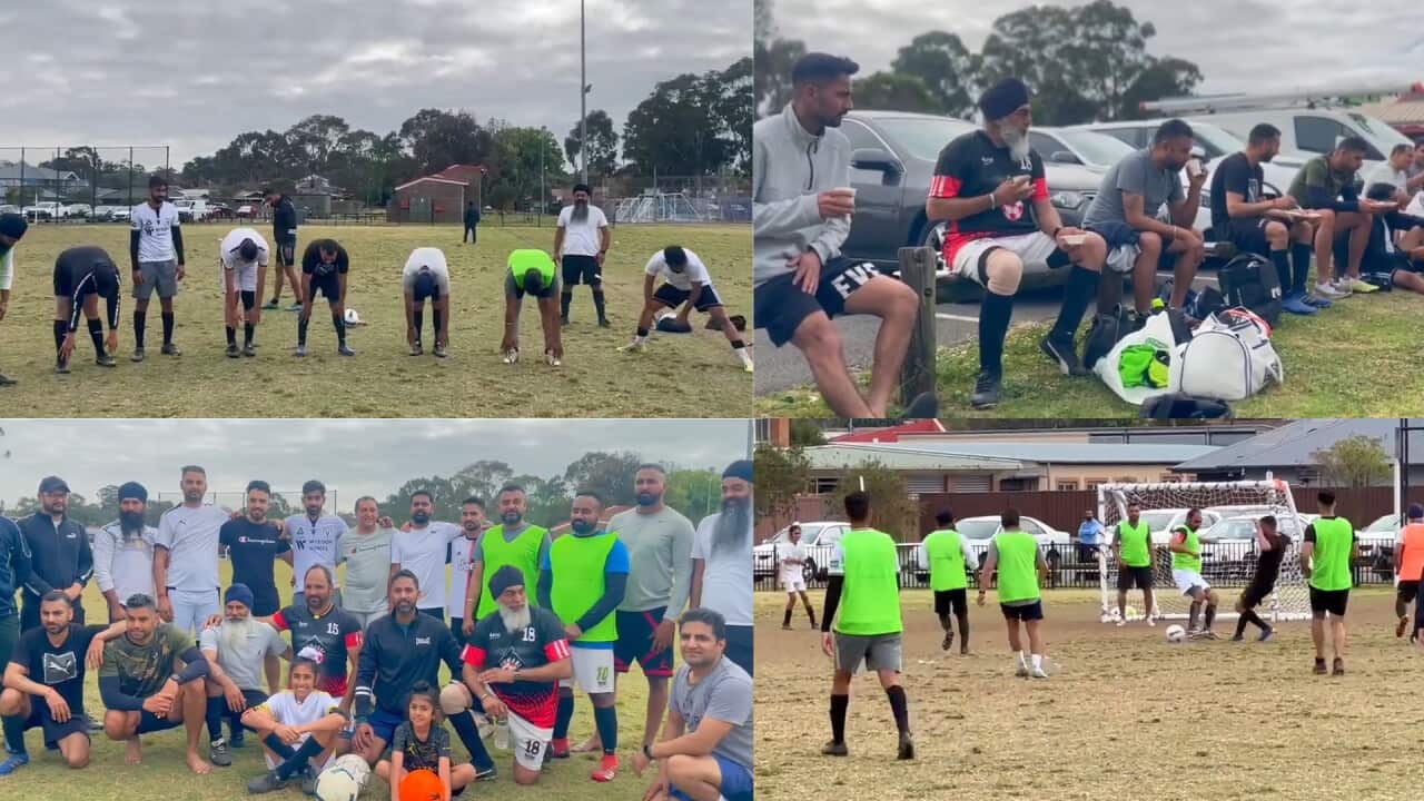 a collage of images showing stills from a senior soccer club in sydney. it shows the players in action, stretching and posing for a photo.