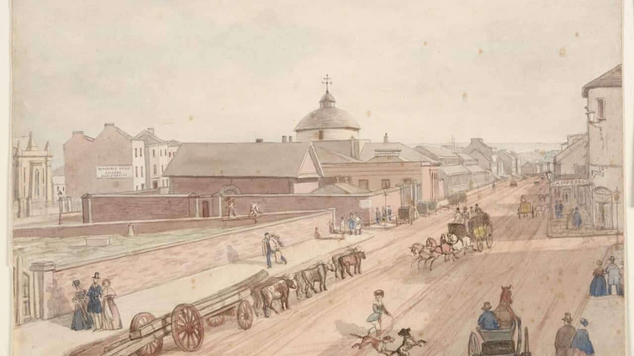 The Sydney market, not far from the house of Francis Fieudard in 1842 (John Rae- State Library of NSW).jpg