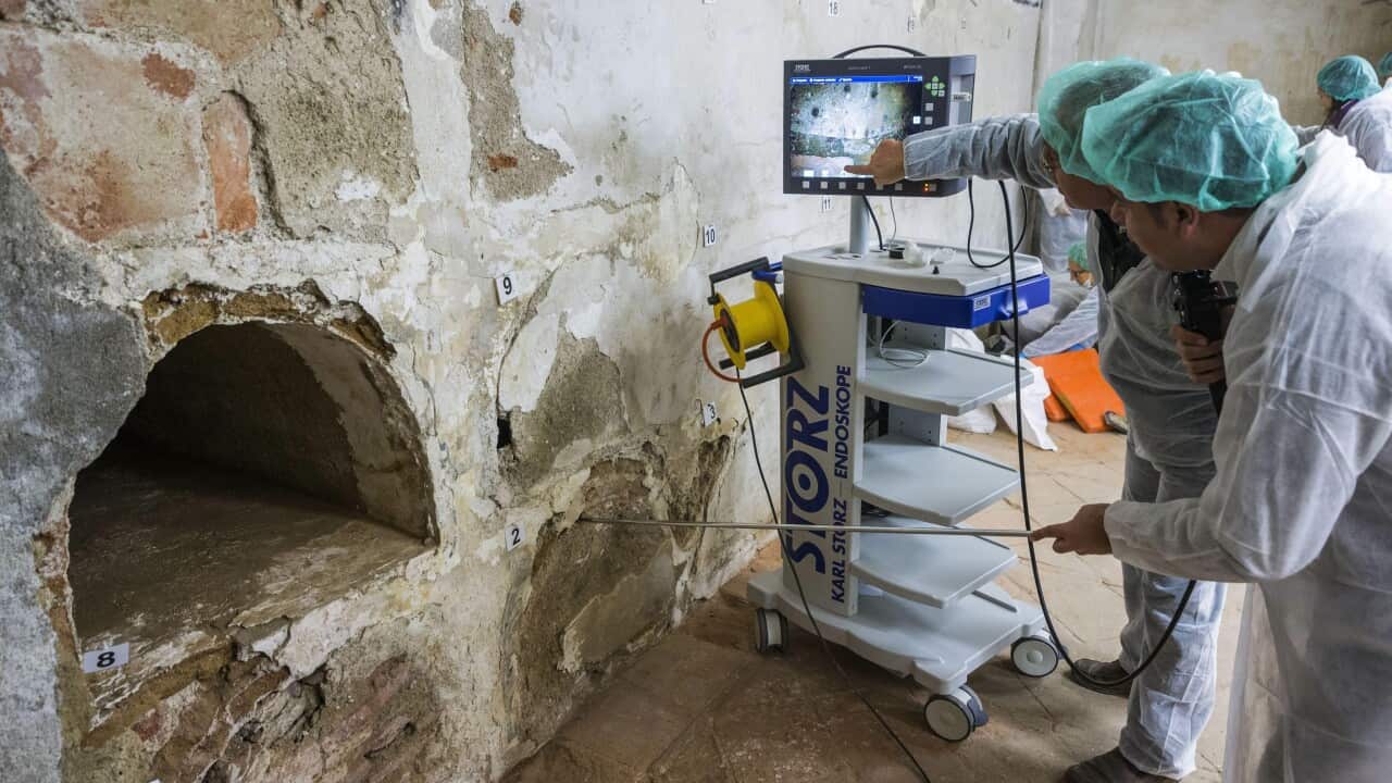 The file picture dated 24 January 2015 shows some experts using an endoscope to look inside a niche at the beginning of the forensic and anthropological works searching Spanish writer Miguel de Cervantes' human remains at Trinitarias Convent's crypt, in M
