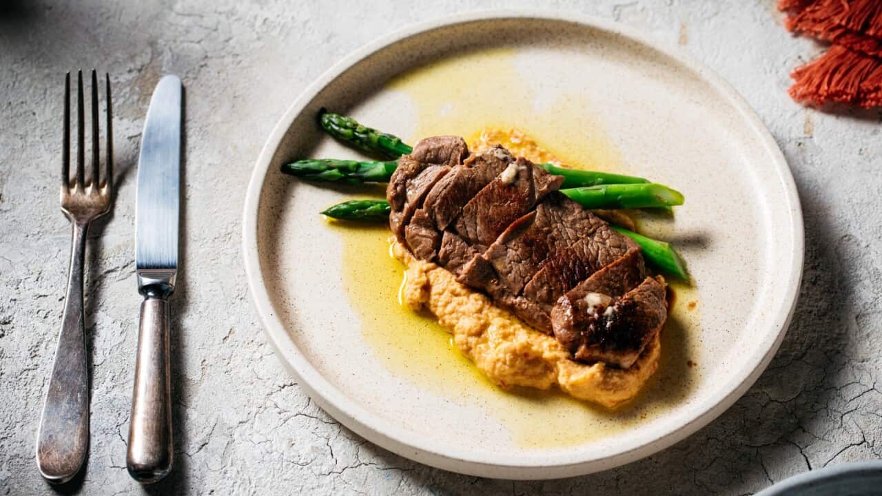 Lamb steaks with chickpea mash