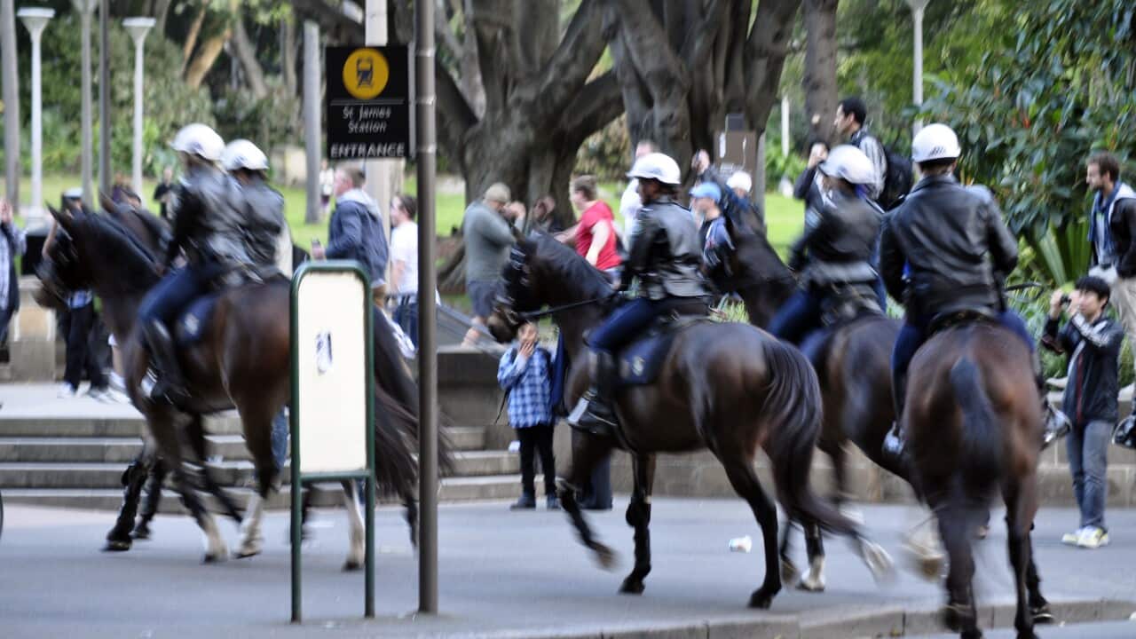 Mounted police move in on an Islamic protest in Sydney's Hyde Park. (AAP)