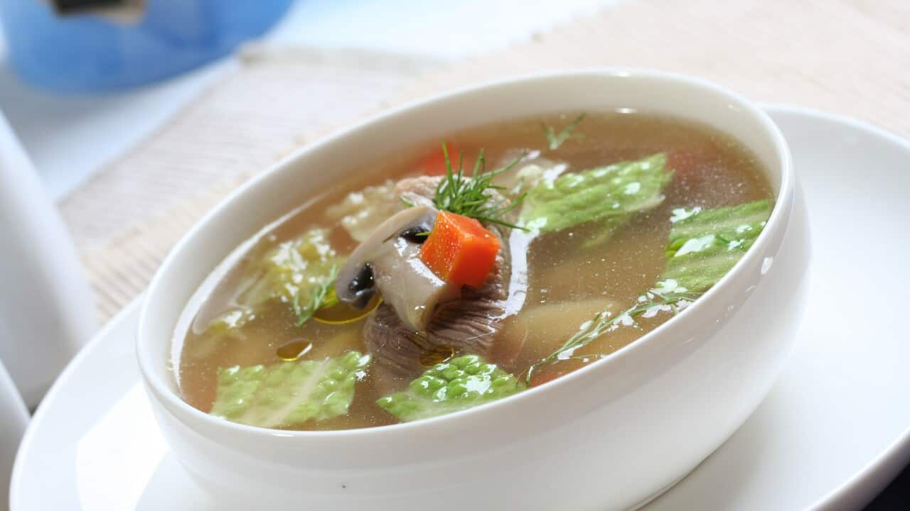 Close up of broth soup