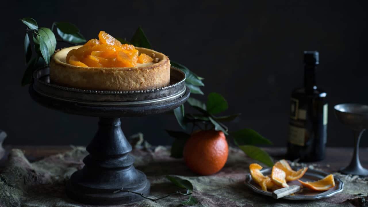 Baked tangelo cheesecake with Campari tangelo salad