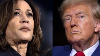 A two-way composite image of Kamala Harris and Donald Trump.