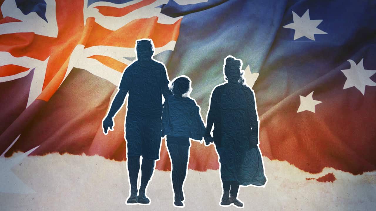 A composite image showing an Australian flag in the background, and the images of two parents and a child