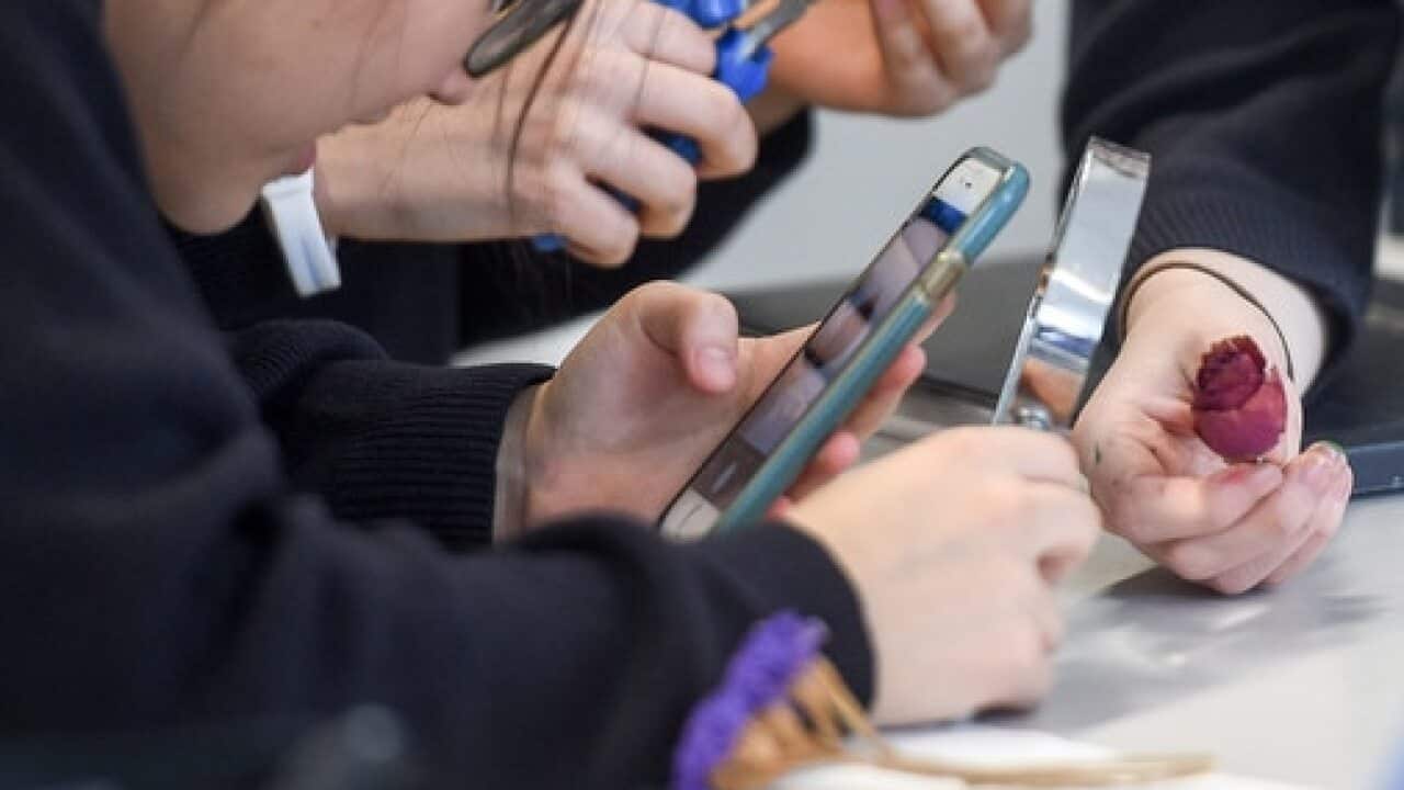 Students use a mobile phone in an art class.