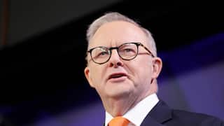 Anthony Albanese stands against a navy background