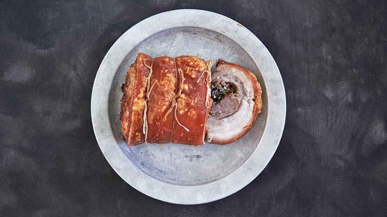 Pork belly stuffed with cherries and quinoa 