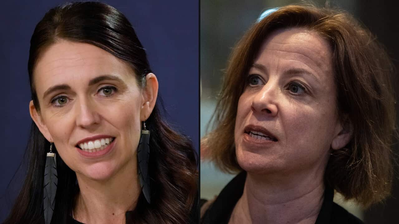 Two women shown in a split image, both speaking at separate events.