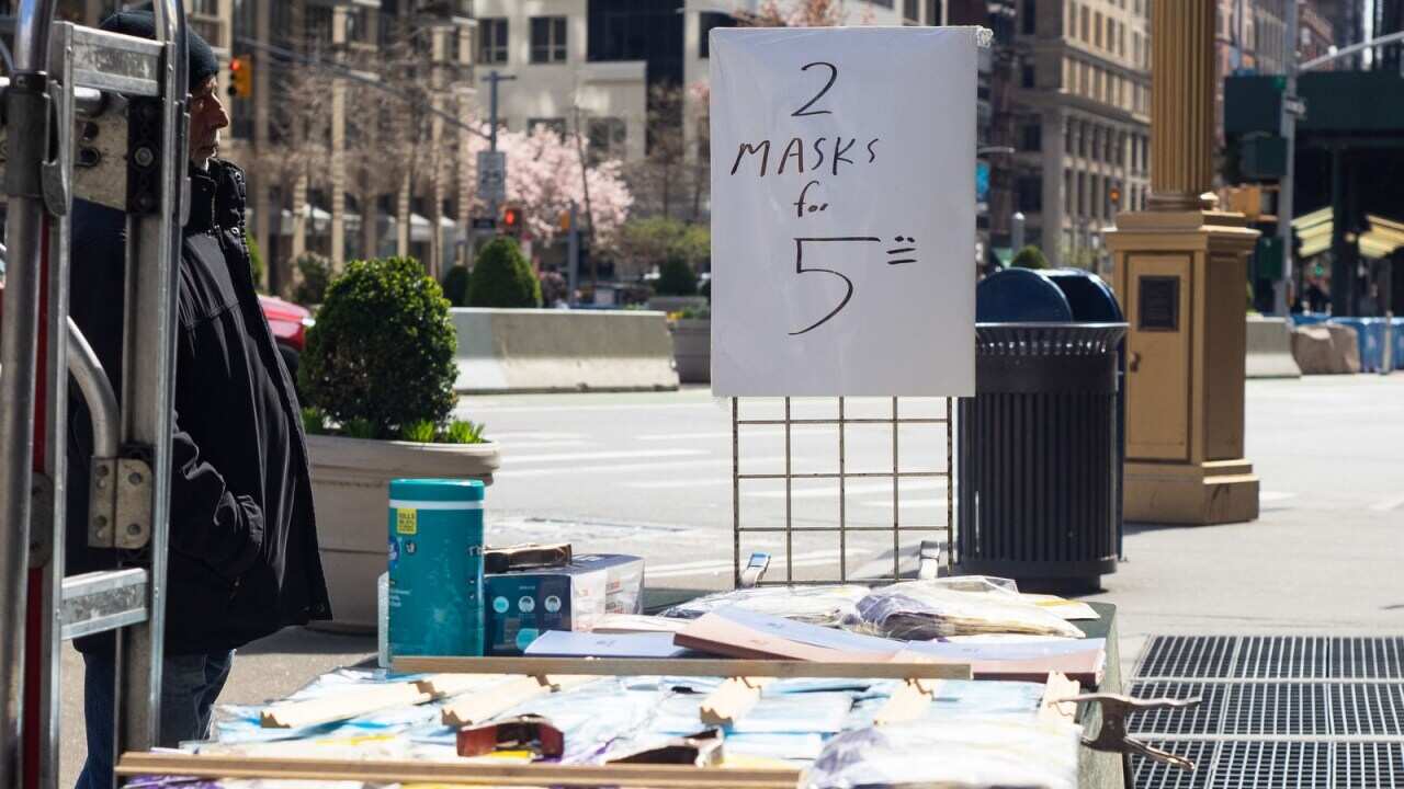 Street merchant in New York selling masks in flatiron while hospitals face shortages