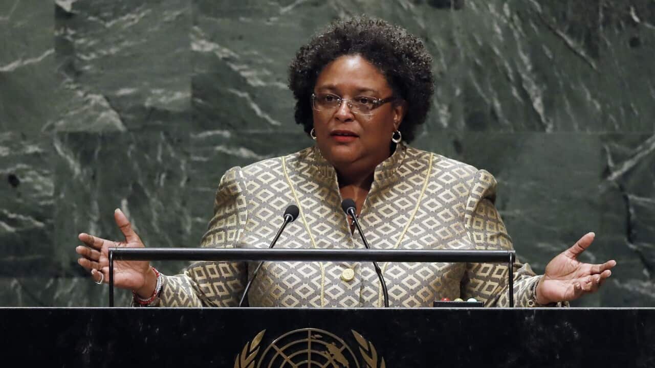 Prime Minister Mia Amor Mottley, of Barbados, addresses the 74th session of the United Nations General Assembly, Friday, Sept. 27, 2019. (AP Photo/Richard Drew)