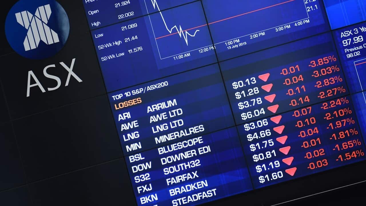 The indicator board is seen at the Australian Stock Exchange in Sydney, Monday, July 13, 2015.  (AAP Image/Mick Tsikas) NO ARCHIVING