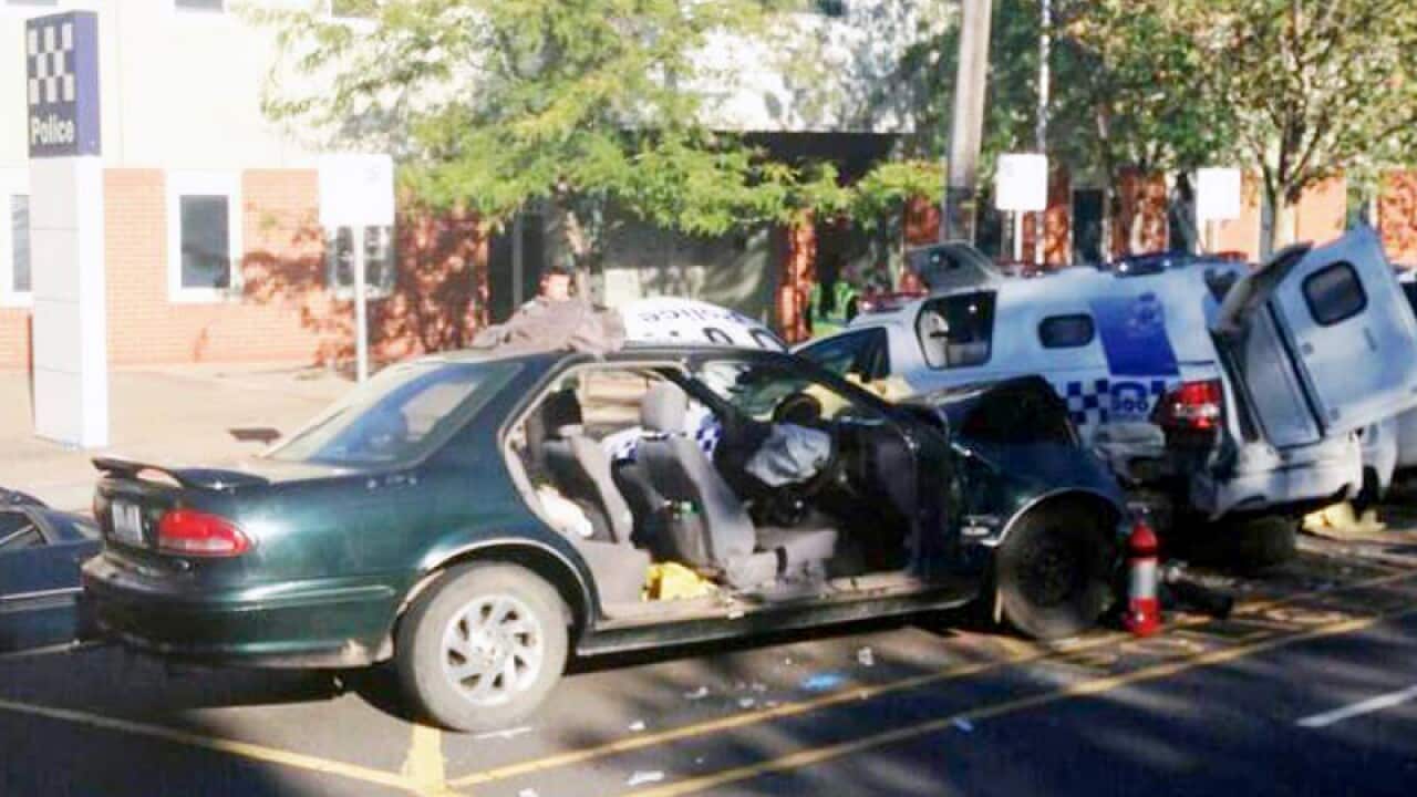 A car crash outside the Dandenong Police Station in Melbourne