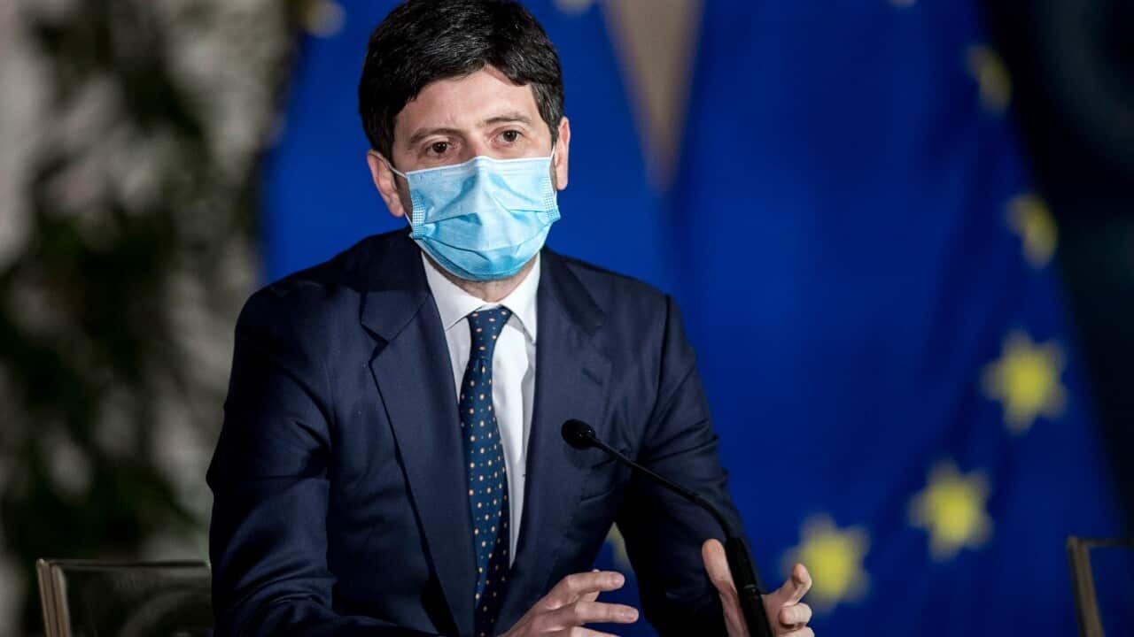 Italian Minister of Health, Roberto Speranza, attends a press conference to illustrate the new measures of the Dpcm (Decree of the President of the Council of Ministers) on the epidemiological emergency from Coronavirus Covid-19 at Chigi Palace in Rome
