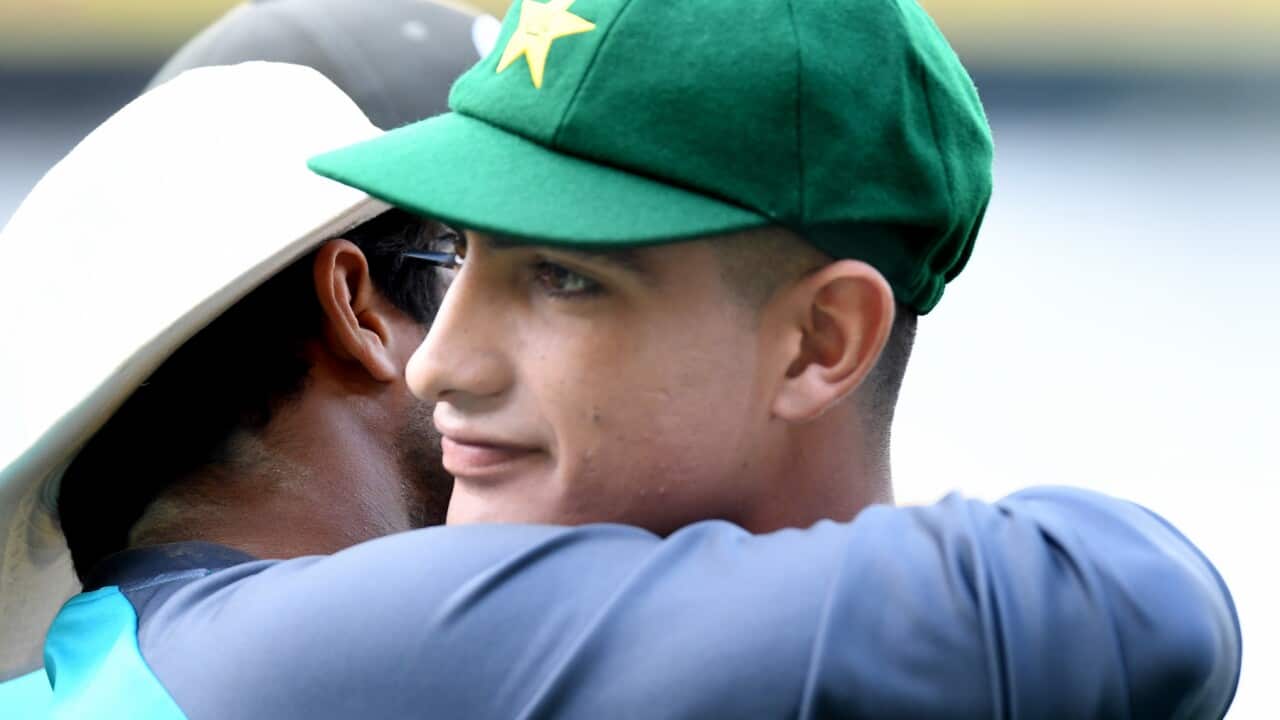 Pakistan debutant, 16 year old Naseem Shah, is congratulated after receiving his Test Cap