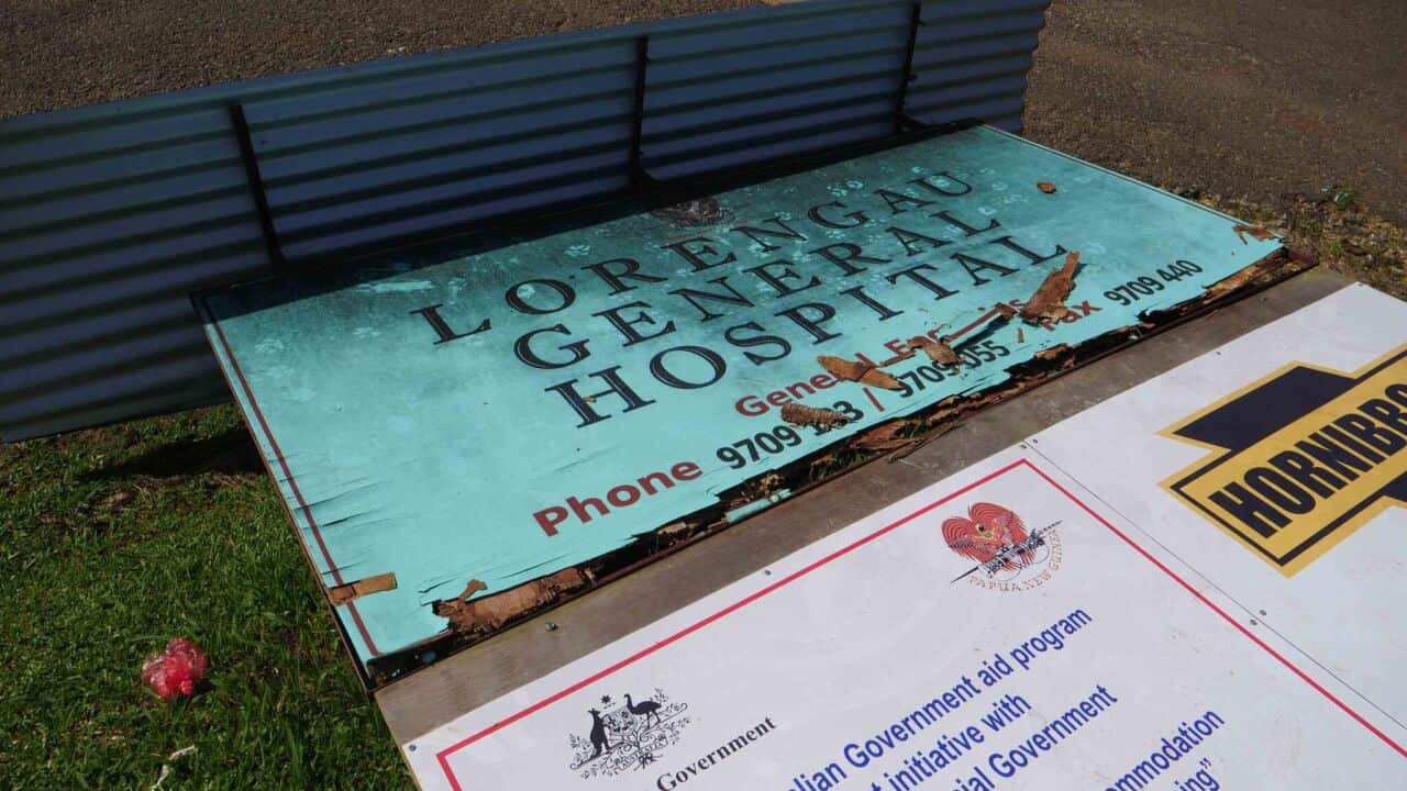 Damaged signage at Lorengau General Hospital, Manus Island.