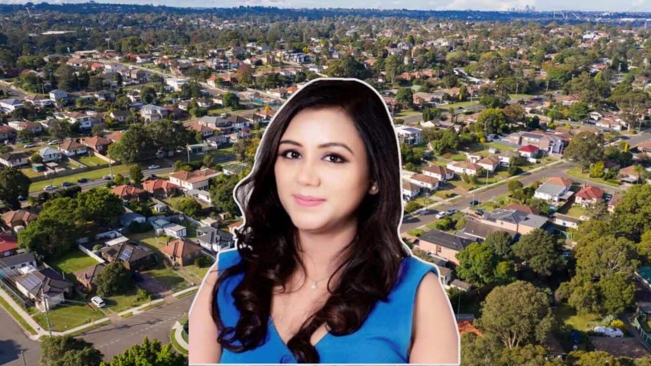 Image of Maninder Kaur imposed on a background of homes in an Australian suberb