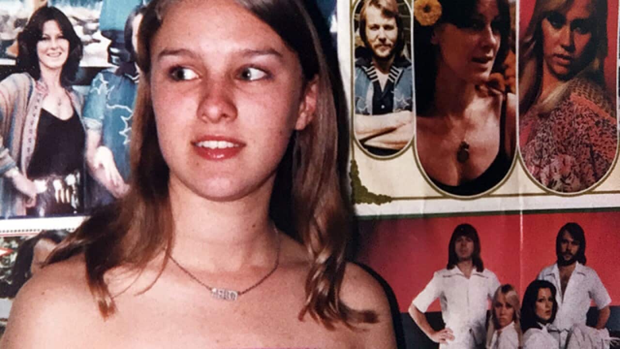 Selina Day surrounded by ABBA paraphernalia in Perth