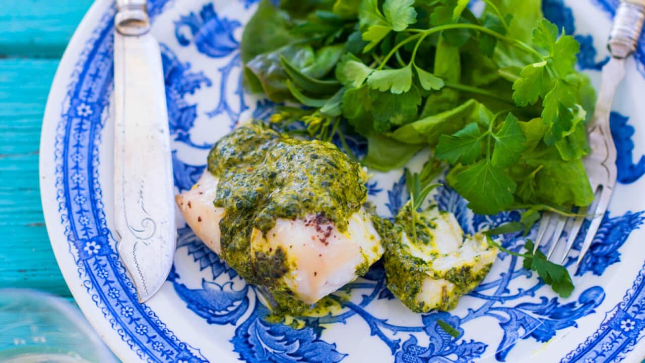 Roast blue-eye with walnut and coriander sauce
