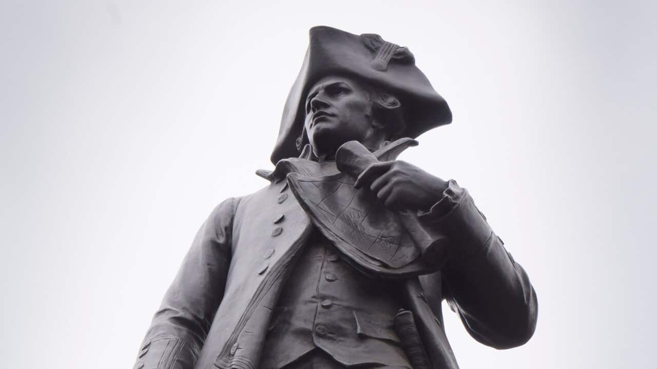 British Admiralty memorial statue of Captain James Cook (1728-1779), by sculptor Sir Thomas Brock in front of the Admiralty Arch in London, United Kingdom.