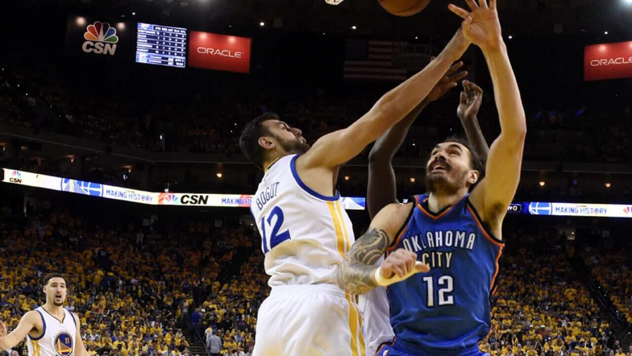 Oklahoma City Thunder center Steven Adams (R)
