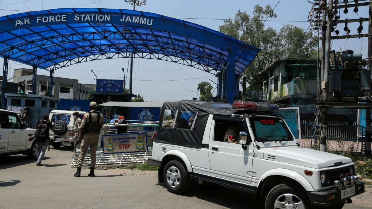 A National Investigation Agency team arrives at the Jammu air force station after two suspected blasts were reported in Jammu, India, Sunday, June27, 2021.
