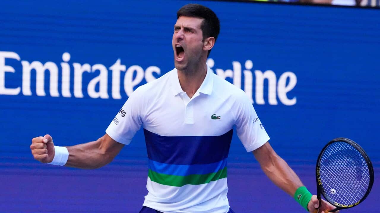 Novak Djokovic of Serbia reacts to the crowd after winning the 3rd set against Kei Nishikori of Japan on day six of the 2021 U.S. Open tennis tournament at USTA Billie Jean King National Tennis Center. Mandatory Credit: Robert Deutsch-USA TODAY Sports/Sip