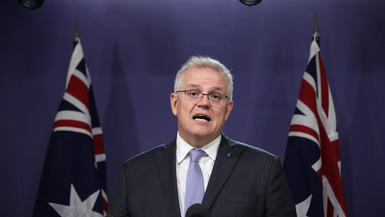 Prime Minister Scott Morrison speaks during a press conference at the CPO in Sydney, Friday, May 7, 2021. (AAP Image/David Gray) NO ARCHIVING