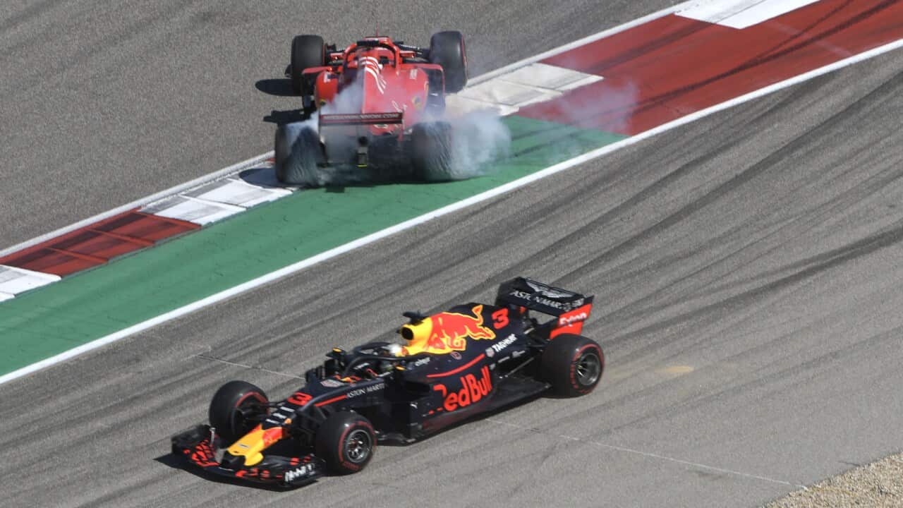 Dumm gelaufen in Austin: Als Vettel den Red-Bull von Daniel Ricciardo innen überholen wollte, drehte sich der Ferrari und Vettel fiel auf Rang 15 zurück.