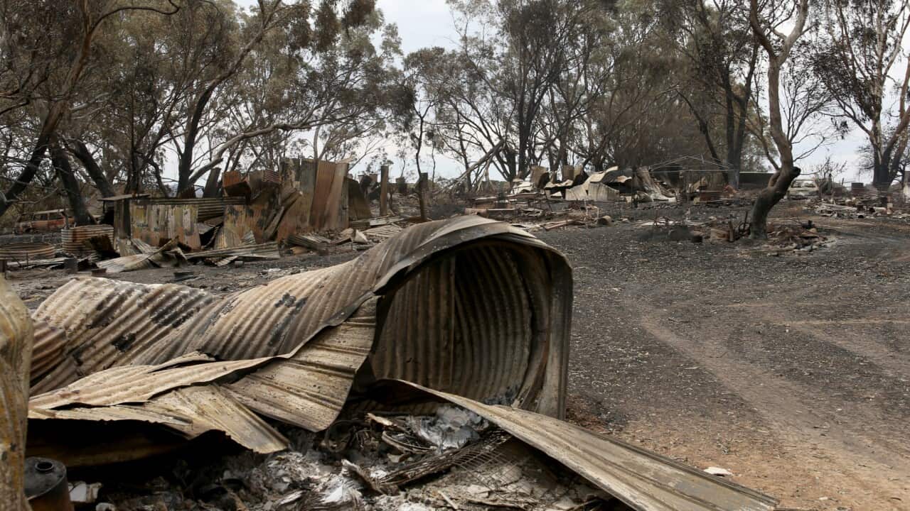 A home destroyed by bushfires outside Woodside in Adelaide