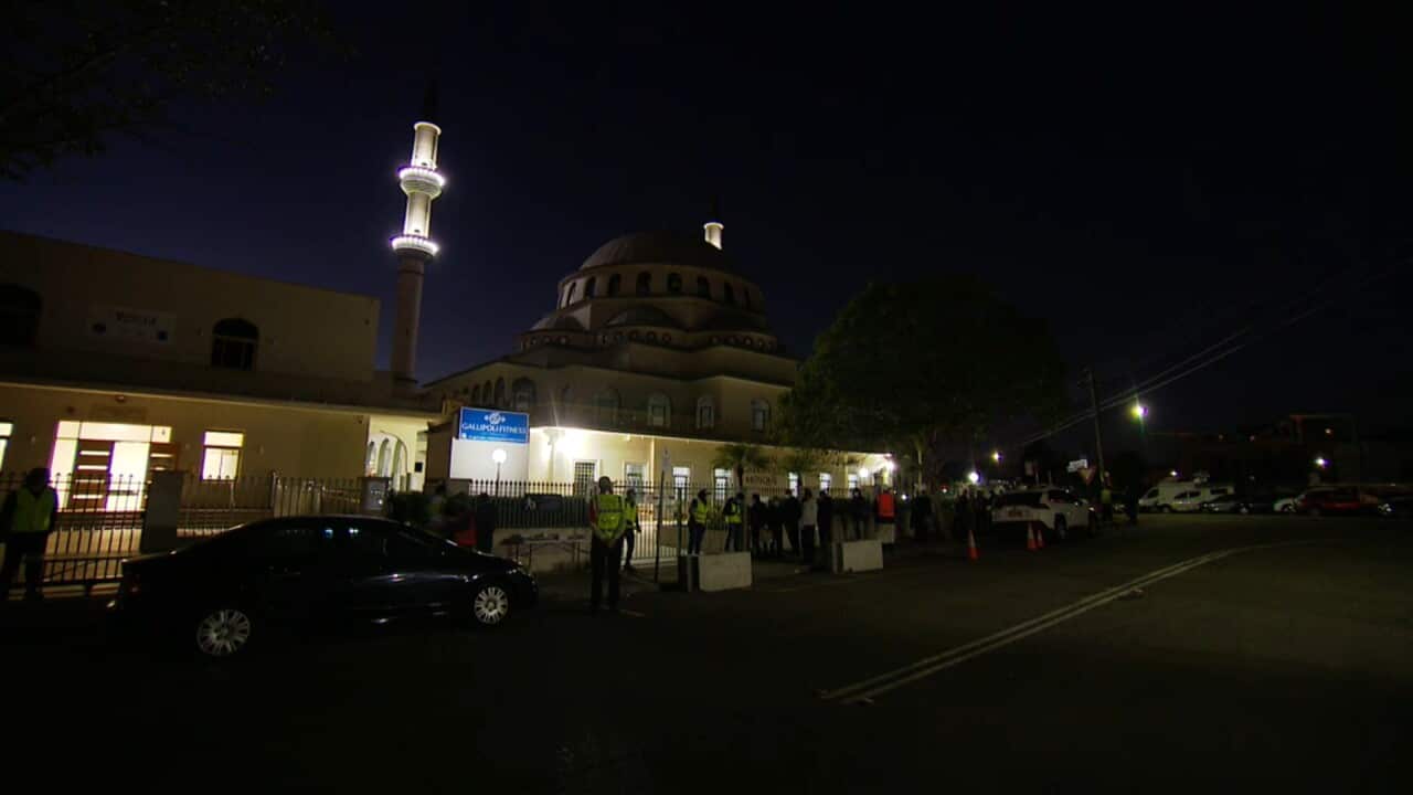 Worshippers arrive at the Auburn mosque for Eid al-Adha prayers