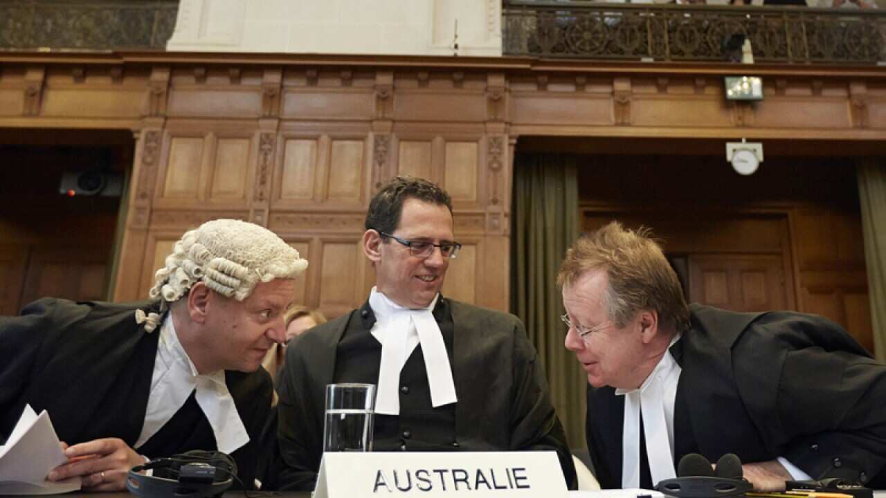 Philippe Sands (L) Justin Gleeson (C) and Bill Campbell, right