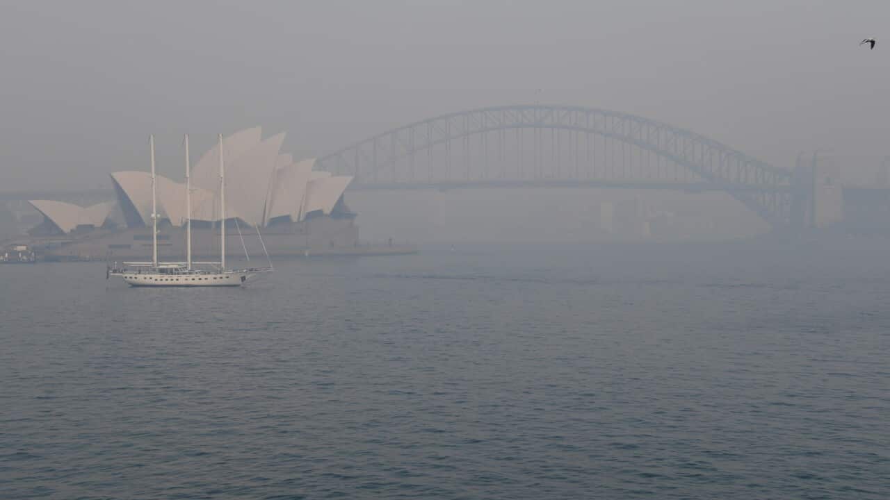 Thick smoke obscures the Sydney Opera House and Sydney Harbour bridge