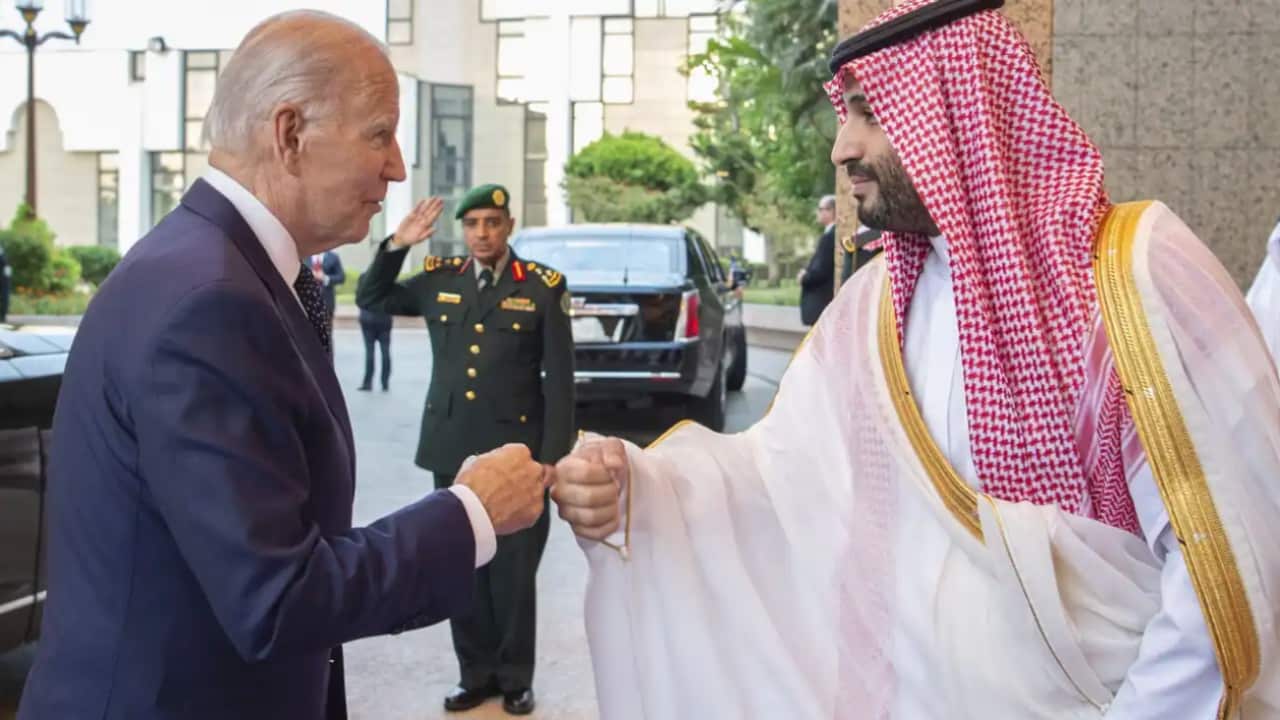 Crown Prince Mohammed bin Salman bin Abdulaziz Al Saud (right) greets US President Joe Biden (left) with a fist bump at Al-Salam Palace in Jeddah, Saudi Arabia.
