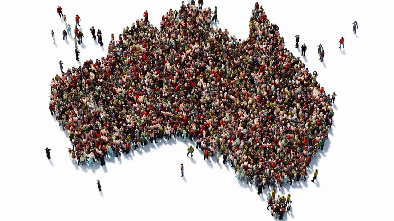 Human Crowd Forming An Australian Map: Population And Social Media Concept