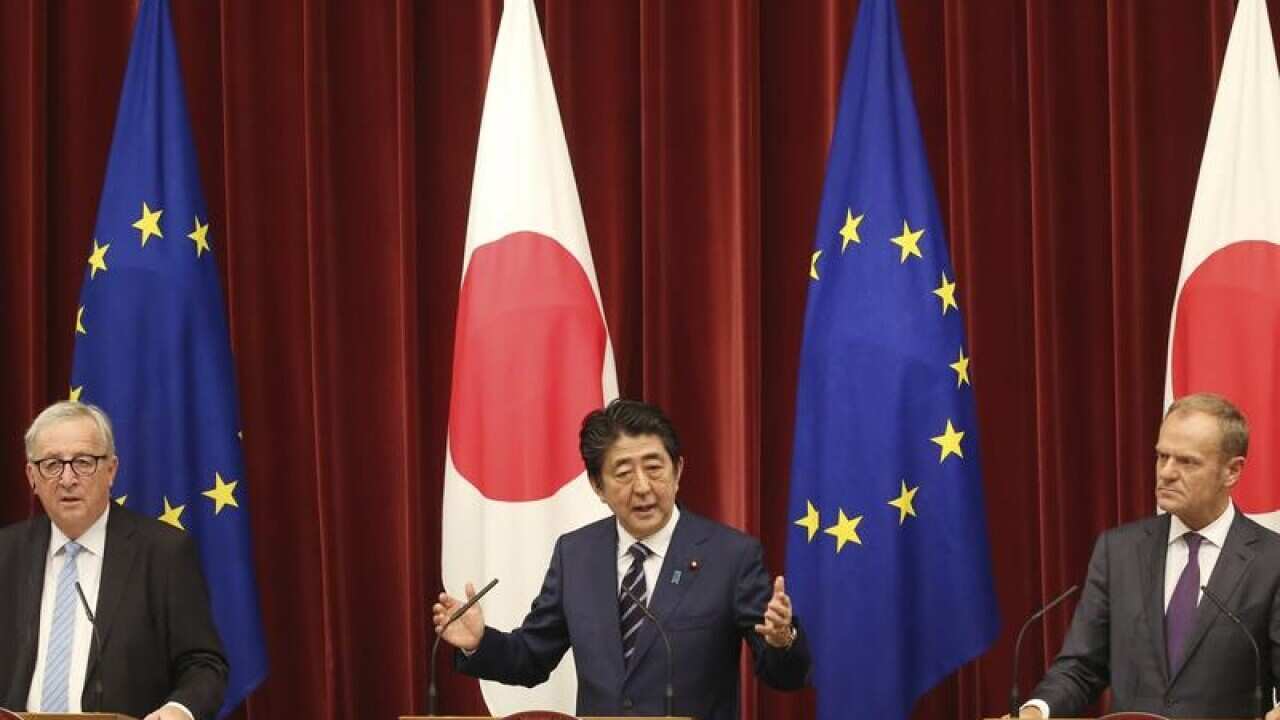Japan PM Shinzo Abe with Jean-Claude Juncker and Donald Tusk