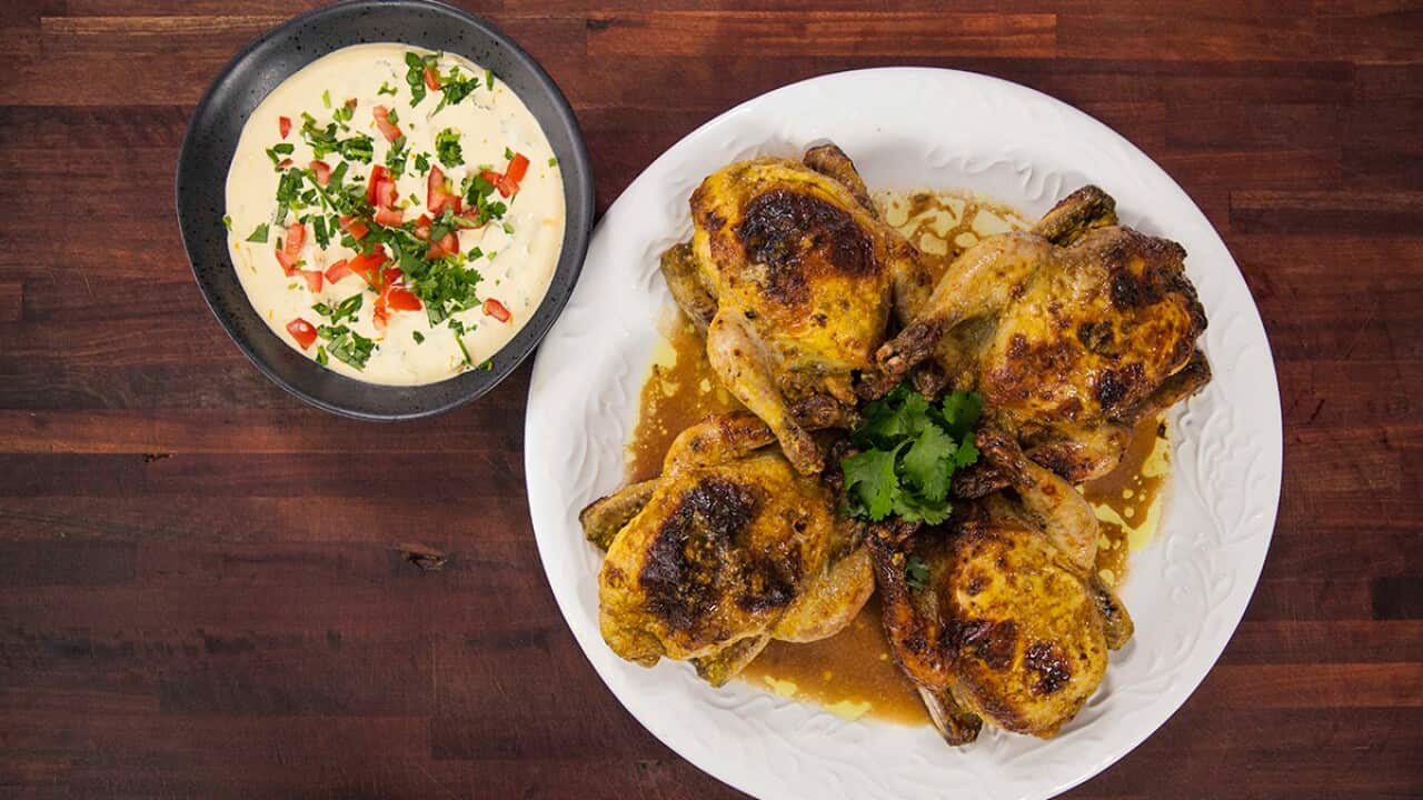 Spiced roast poussin with saffron, garlic yoghurt