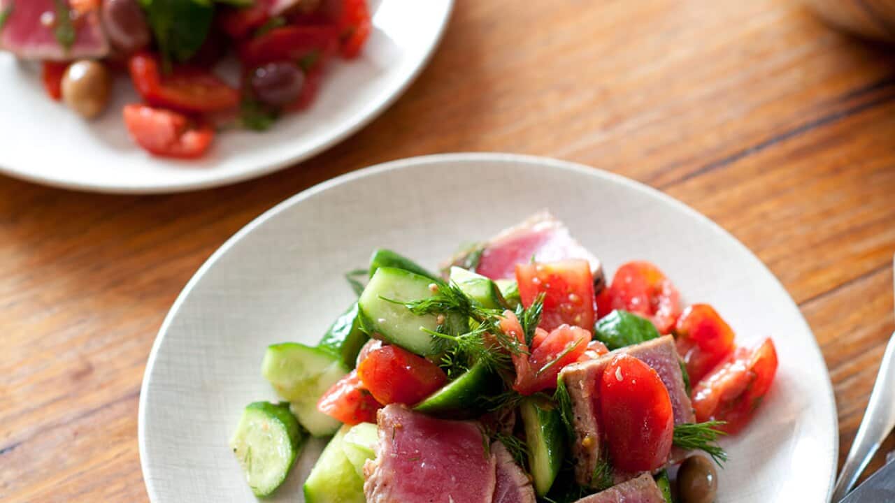 Albacore tuna, tomato and cucumber salad with dill and olives