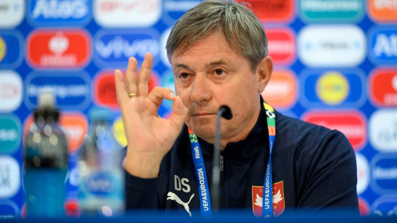 Serbia manager Dragan Stojkovic during a press conference at Gelsenkirchen stadium