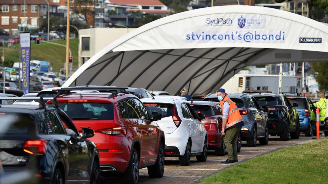 Cars line up for COVID-19 testing at Bondi in Sydney on Tuesday.