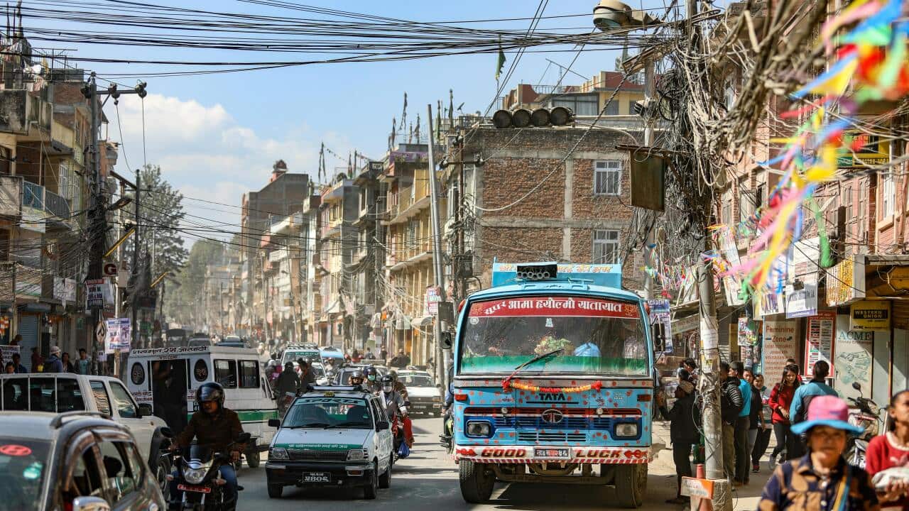 A representative image of electricity transmission lines in Kathmandu, Nepal.