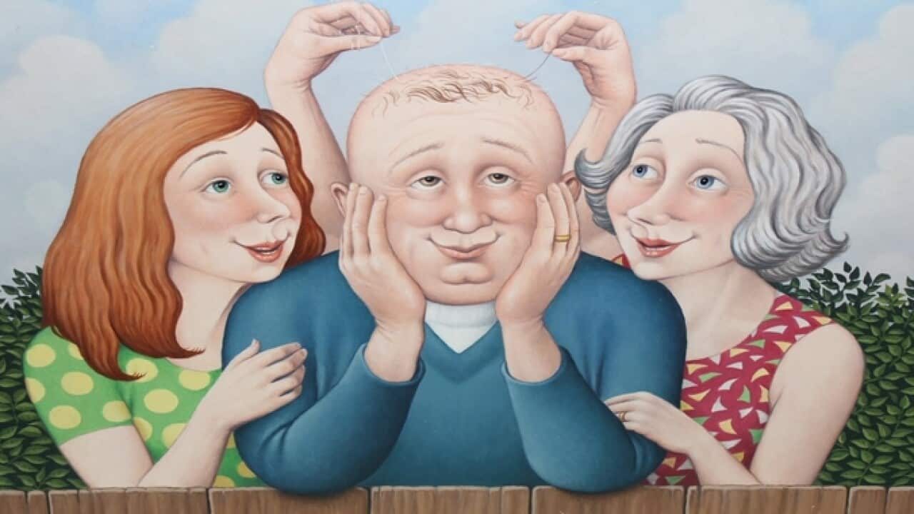The Man And His Two Wives, Oil on board by Fred Aris.
