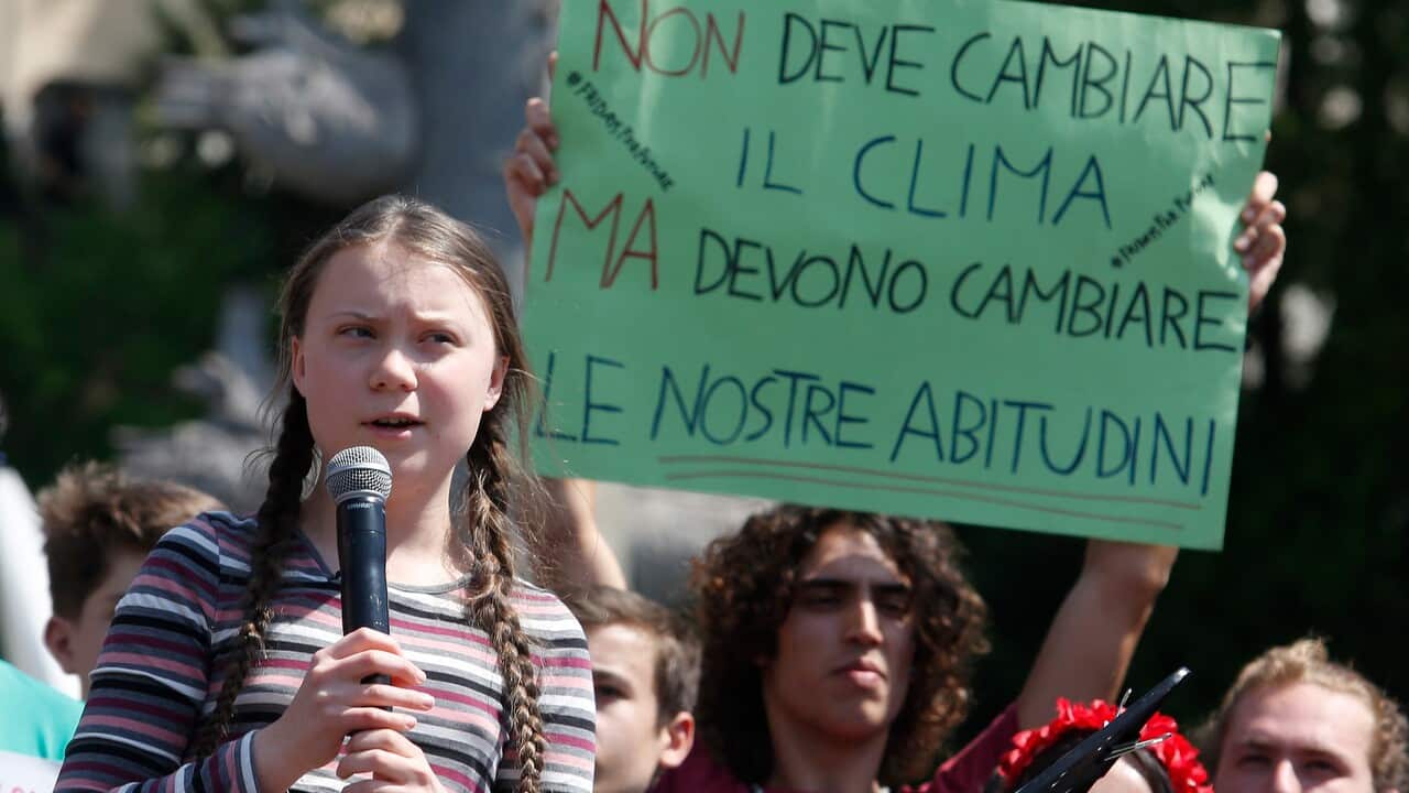 Greta Thunberg addresses the Future Climate Strike in Rome.