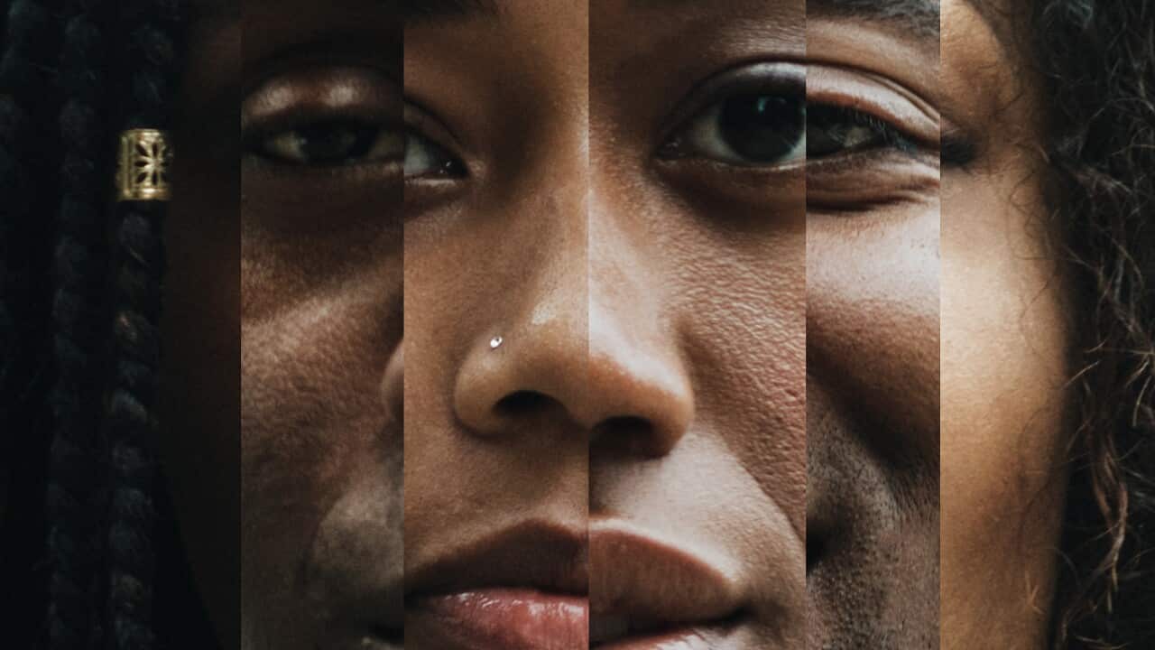 A montage blend of African American faces close up, both men and women with different shades and colors in skin tone.